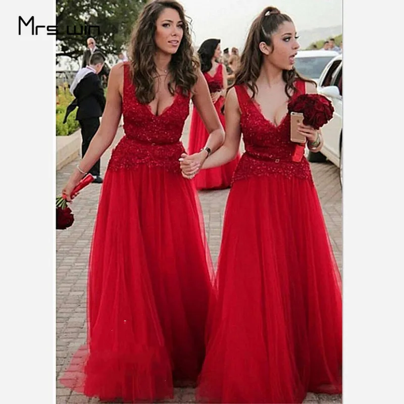 Mrs win платья подружек невесты с v-образным вырезом Аппликации Кружева Vestido Madrinha A-Line без рукавов размера плюс длинное свадебное платье для гостей HR311