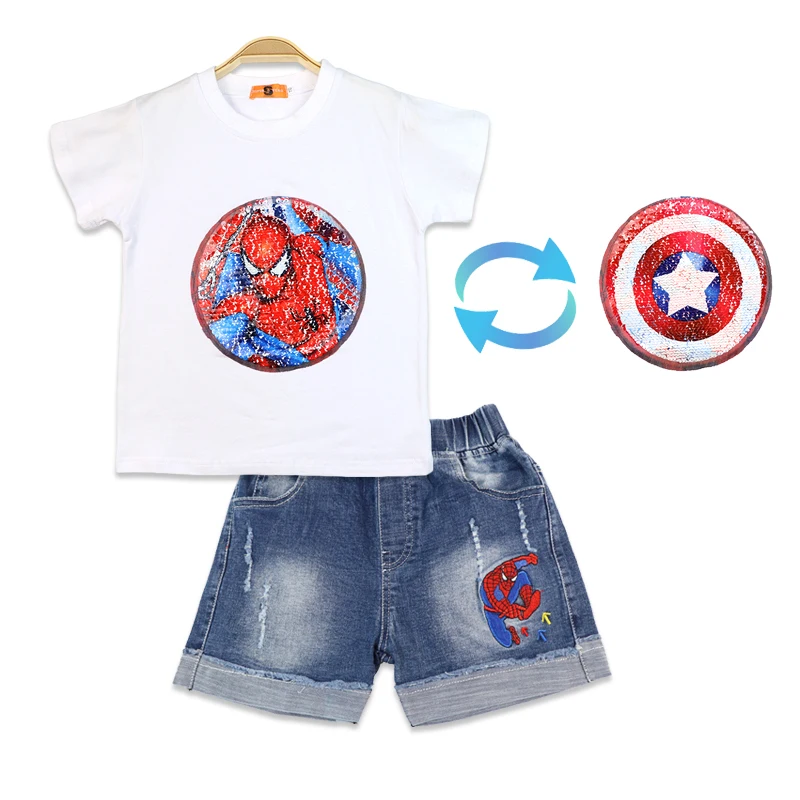 

Summer Boy's Sets Jeans + T-shirt Sequins Change Graphic Cotton Children Two Pieces Of Spiderman Captain Superhero 3-8 Years Old