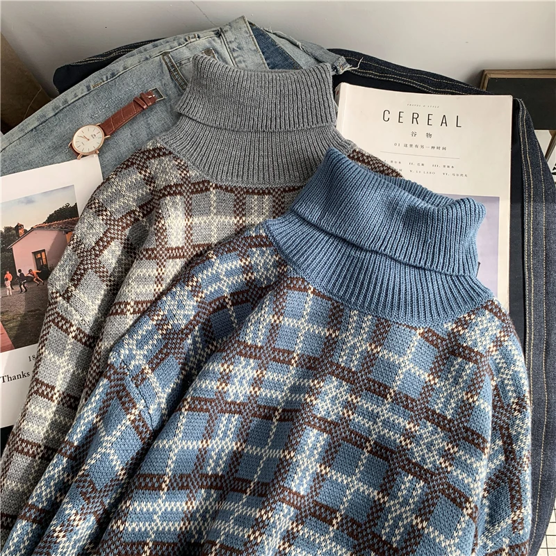 Winter Turtleneck Sweater Men's Warm Fashion Casual Retro Knit Pullover Men Streetwear Plaid Sweater Male Sweter Clothes