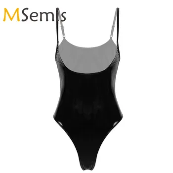 

Women's Swimsuit Wet Look Patent Leather Lingerie Bodysuit Spaghetti Shoulder Straps Open Breast High Cut Leotard Bodysuit