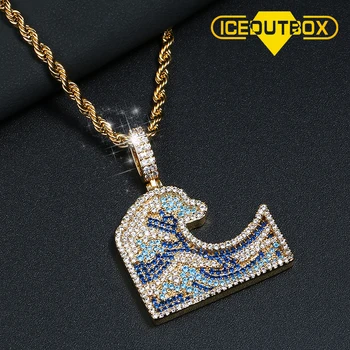 

Colorful Full AAA Zirconia Ocean Waves Surfing Pendant Necklace For Men's Women Hip Hop Jewelry Gold Silver Rose Gold Rope Chain