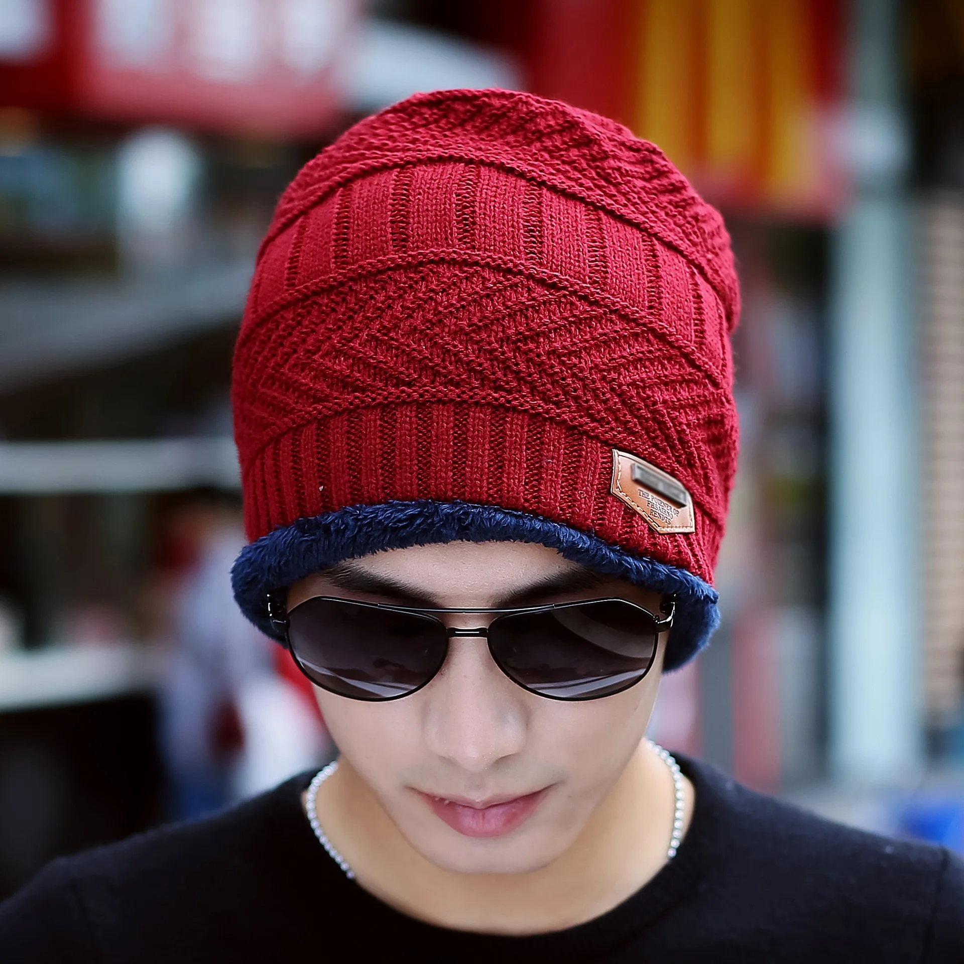 Red hat 1pcs Зимняя вязаная шапка, шарф, набор, Мужская однотонная теплая шапка, шарфы, мужские зимние уличные аксессуары, шапки, шарф, 2 штуки - Цвет: Red hat 1pcs