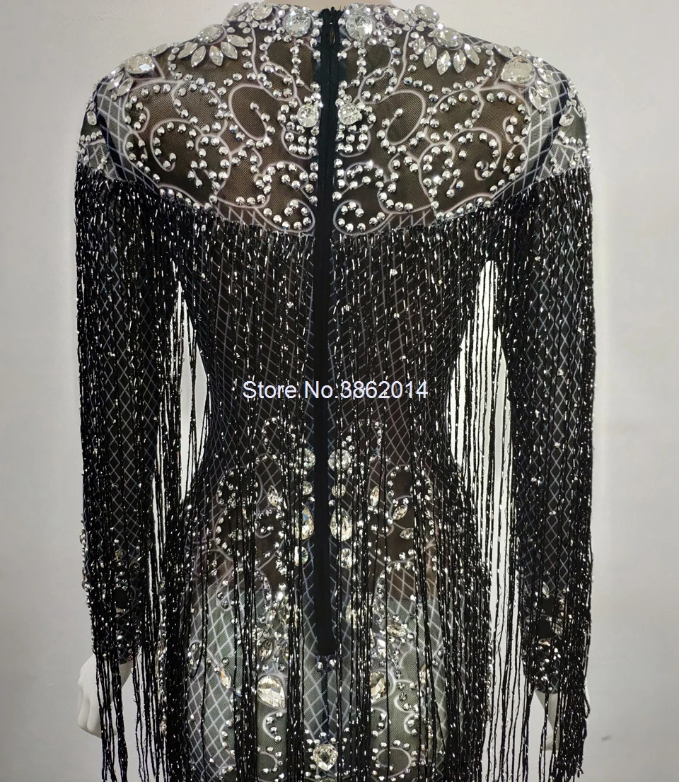 Черное Сетчатое прозрачное длинное платье с блестящими кристаллами; вечернее платье; стразы; платье на день рождения с кисточками; сценический костюм; платье с бахромой
