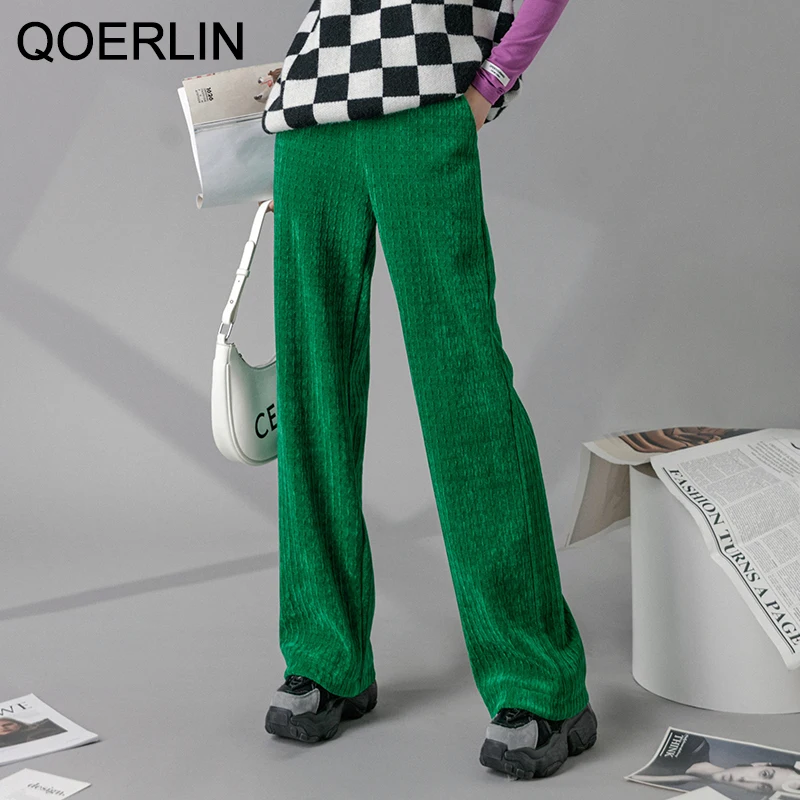 QOERLIN Chenille Green Trousers Women Fall Winter 2021 New Jacquard Striped Wide Leg Pants Thickened Casual Drape Trousers Trend