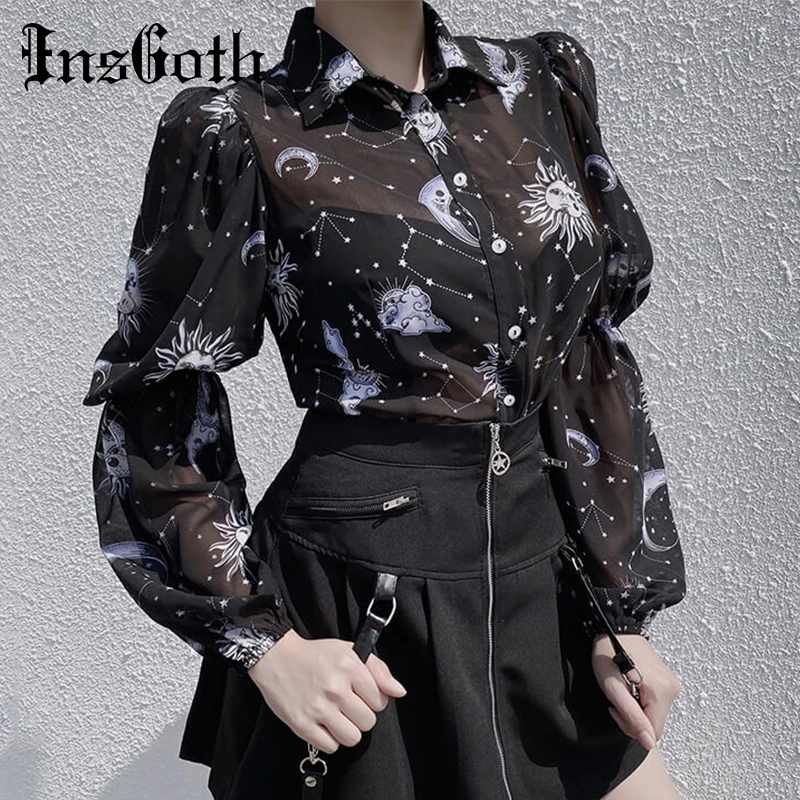Online InsGoth mujeres Sexy transparente negro camiseta de gasa camisas góticas Streetwear Moon Son imprimir Puff manga larga Mujer suelta superior