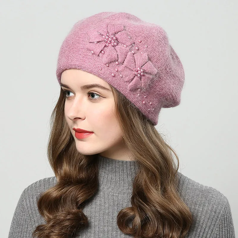 Autumn Winter Hat Women Rabbit Fur Double Layer Casual Flower Warm Beret Femme - Цвет: Peach Red