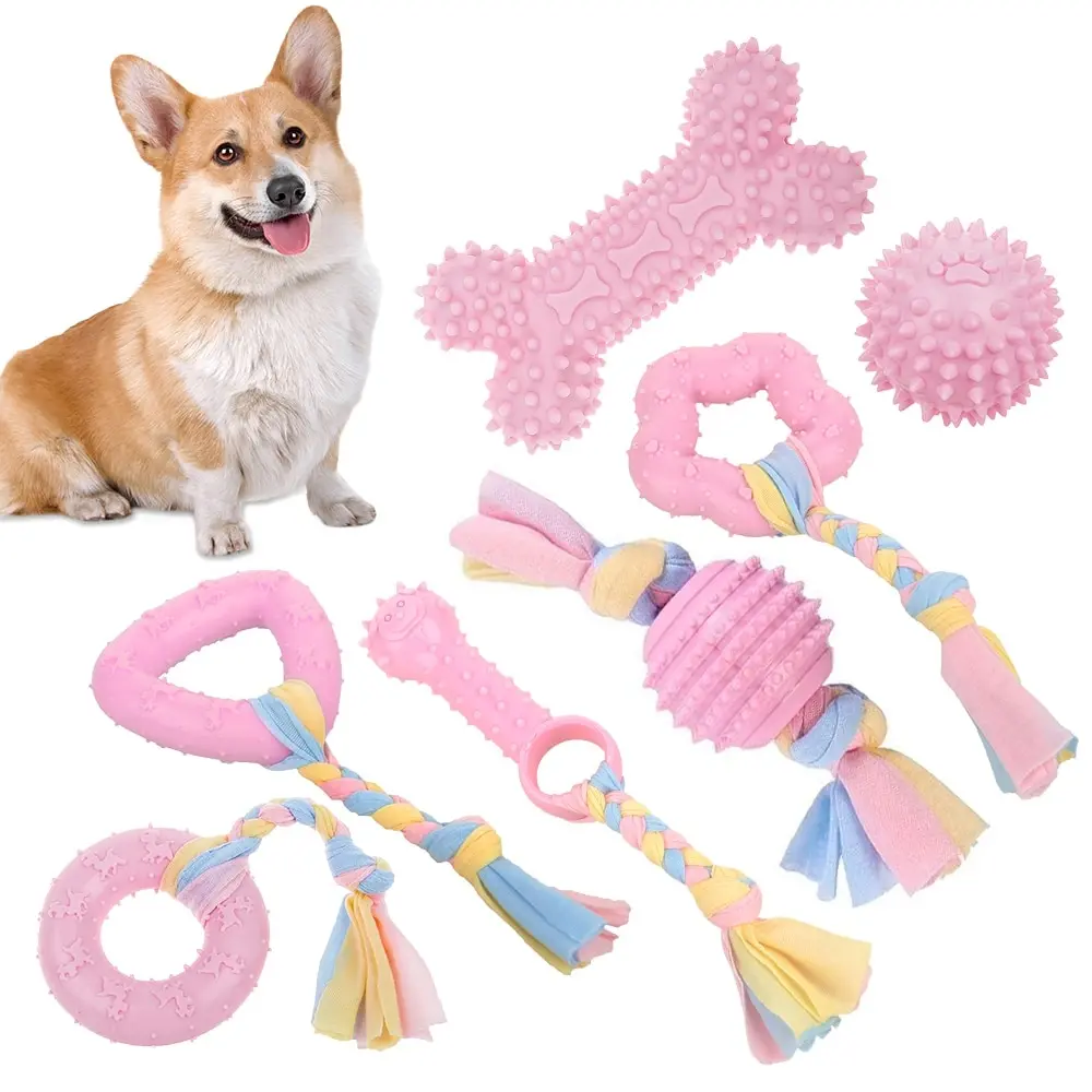 

7 Piece Set Dog Chewing Toy Puppy Teething Bite Toys Set Cotton Ropes Dogs Pets Chewing Toys Blue/Yellow/Pink