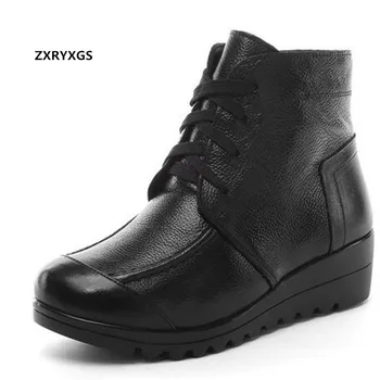 

2020 New Fashion Elegant Lace-up Side Zipper Winter Warm Shoes Woman Snow Boots Wedges Non-slip Comfort Genuine Leather Boots