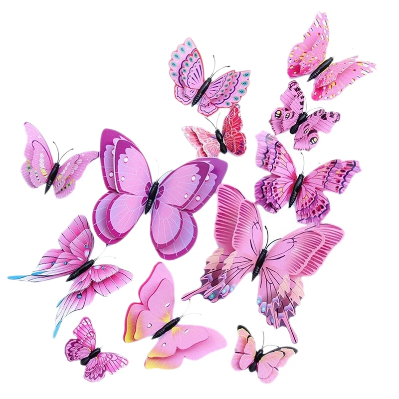 12PCs 3D Butterfly Wall Stickers Pink Vivid Decoration Kid's Room Decor Stereoscopic Bedroom | Дом и сад