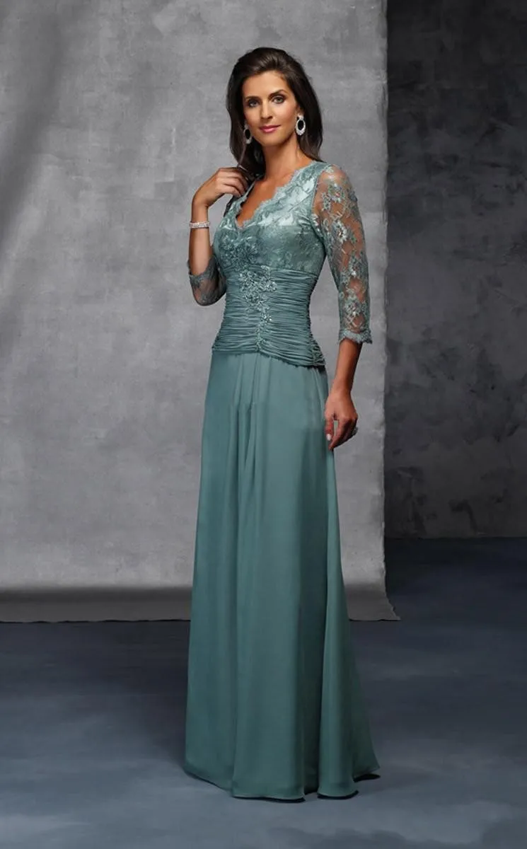 Bruiden Moeder Jurken voor Bruiloften Lange Chiffon met Kant 3/4 Mouwen V-hals Online Partijen Godmother Vestido Festa Madrinha Bruiden Moeder Jurken voor Bruiloften Lange Chiffon met Kant 3/4 Mouwen V-hals Online Partijen Godmother Vestido Festa Madrinha