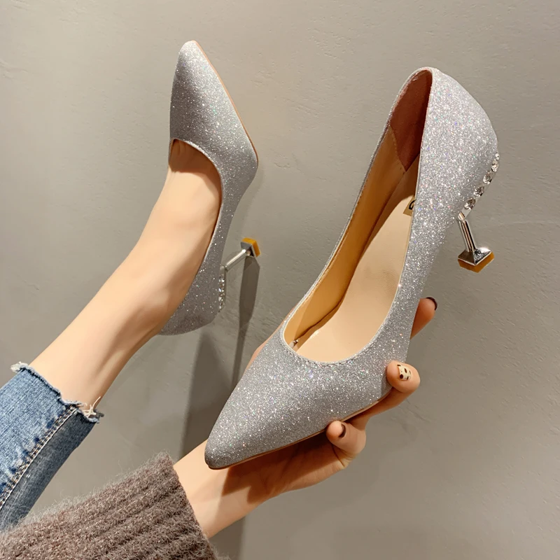 

Slip Om Gold Lace Up Heels Comfortable High-heeled Shoes Pointed Pumps 2020 Work Dress Professional Sandals Ladies Lace-up