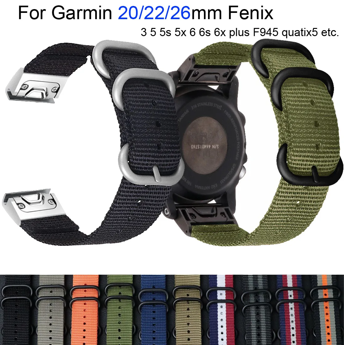 26 20 22mm Sport Nylon Watchband for Garmin Fenix 6X 6 6S Pro 5X 5 5S Plus 3 3HR Strap Band Easy Fit Quick Release Wirstband