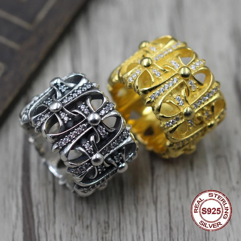 

S925 pure silver men's ring personality retro The punk style Cross tombstone set with zircon classic ring Gift to your lover