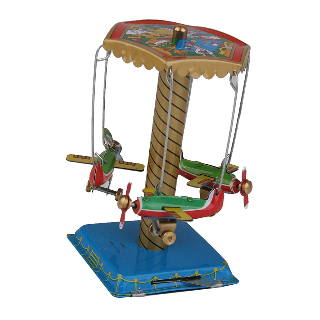 Vintage Style Wind-up Spinning Carousel Airplanes Merry Go Round Planes Tin Toy Gift