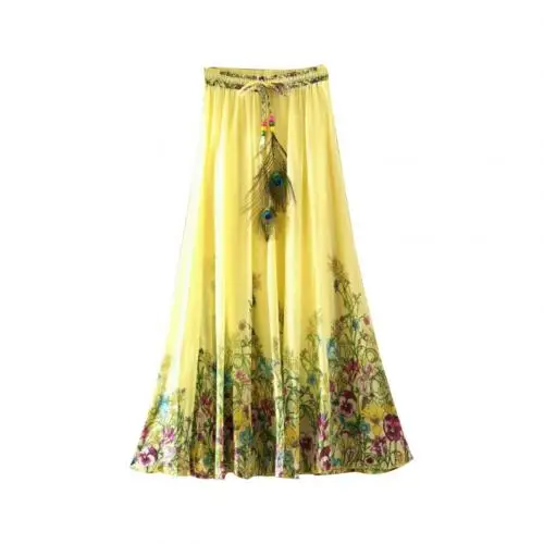 Модные летние пляжные женские юбки Boho, шифоновые, с цветочным принтом, с перьями, на завязках, с эластичной резинкой на талии, вечерние, макси, длинная юбка для женщин - Цвет: Цвет: желтый