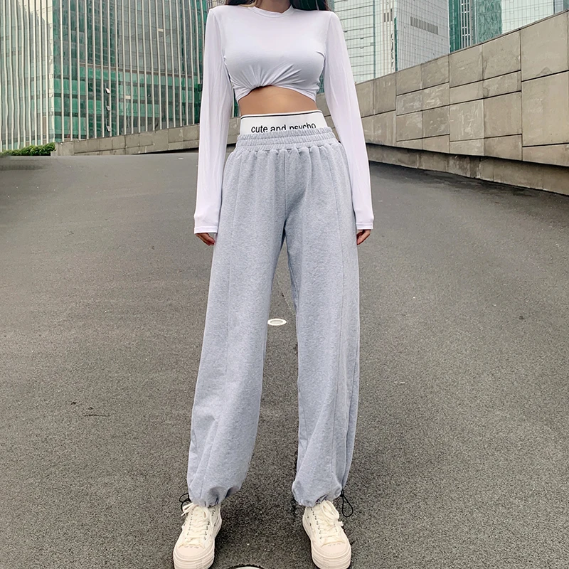 

Fake 2 Pieces Letter Print Drawstring High Waist Sweatpant Women 2020 Streetwear Trousers Loose Long Straight Pant Capris Pocket