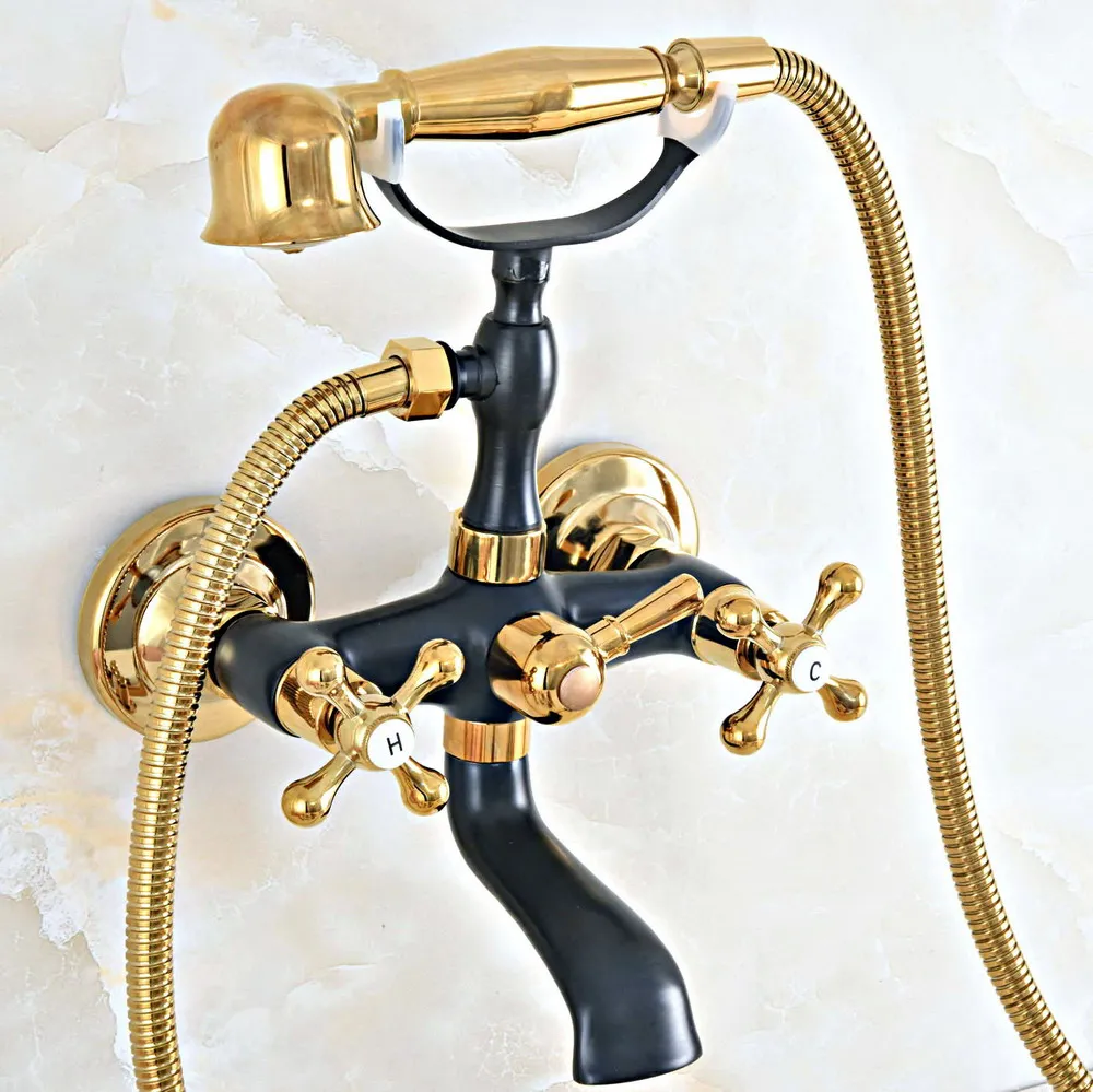 Gold Color Brass Dual ceramics Handle Bathtub Filler Faucet Set Handheld Shower 