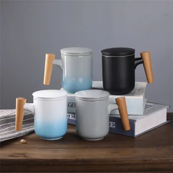 

Nordic Anti-Wear Ceramic Coffee Cup Wooden Handle Creative Gradient Filter Mug with Lid Cup Gifts for Friends Kitchen Supplies