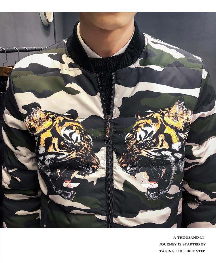 Winter Camouflage Down Jacket Men's Winter Thick Warm Tiger Head Baseball Lead Down Jackets Winter Clothes Thickening Loose Coat