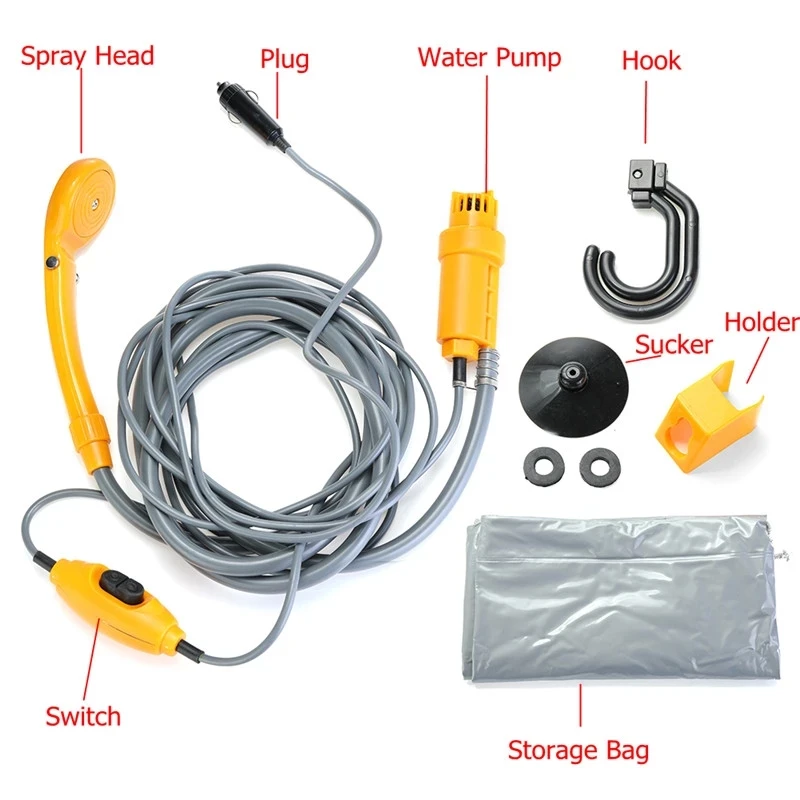 Portable Camping Shower 12V Electric Car Washer Outdoor Shower Hiking Accessories for Travel Hiking Car Washing Pet Washer