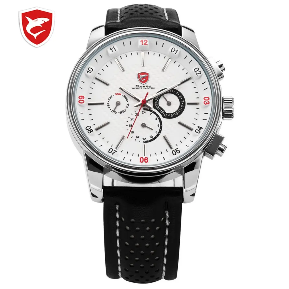 

Pacific Angel Shark Sport Watch Men's White Date Day Fashion Casual Men Wristwatch Black Leather Strap Quartz Clock Male / SH093