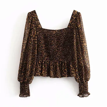 

Stylish leopard print crop blouse long sleeve Square collar shirts female office wear casual tops blusas