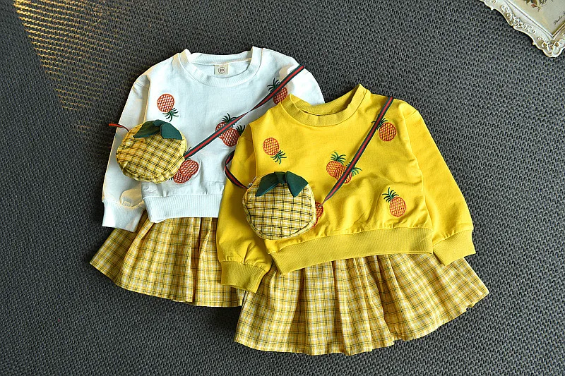 Autumn Embroidered Long Sleeve Plaid Skirt Dress 2 Pcs Set 1-6 Y