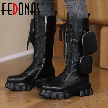 

FEDONAS Sexy Knee High Boots With Small Bag Genuine Leather Side Zipper Chunky Platform Heels Shoes Woman Party Winter Boots