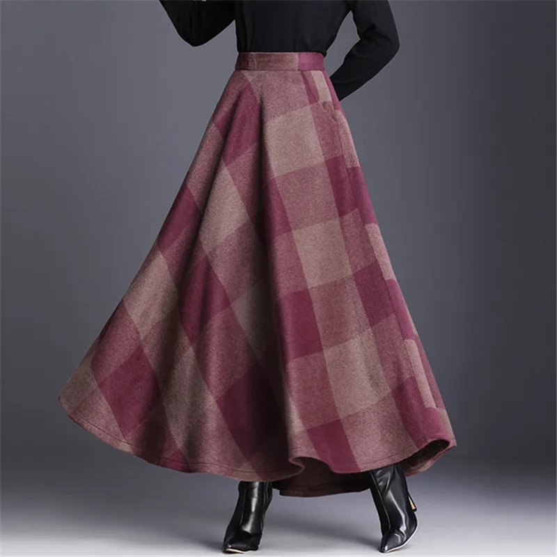 Red plaid Длинная шерстяная юбка макси для женщин, новинка, теплая длинная юбка с высокой талией, Ретро стиль, шотландка, зонтик, клетчатая юбка для женщин, DS8040 - Color: Red plaid
