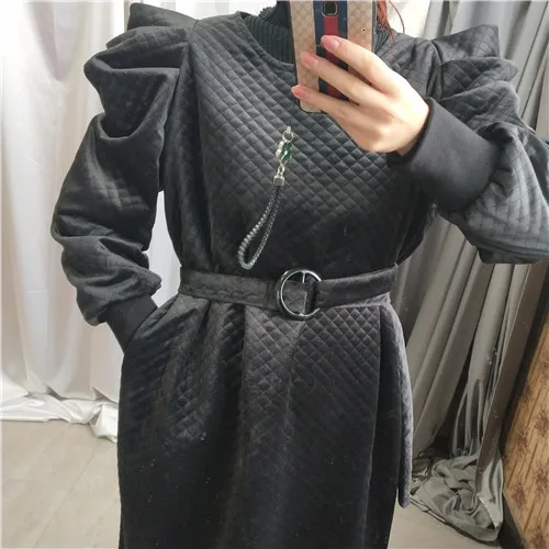Хлопковое плотное платье с пышными рукавами для женщин, новинка зимы, женское платье, модное однотонное платье с длинным рукавом, женская одежда Y154