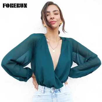 

FORERUN Chiffon Bodysuit Women Sexy Deep V Neck Bodysuits Long Sleeve Winter Jumpsuit Loose Overalls Solid Body Mujer