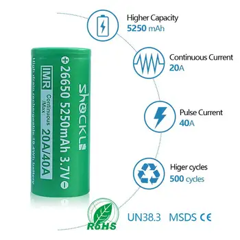 

2PCS 3.7V 26650 Battery 5250mah 20A Shockli IMR 26650 Rechargeable Li-ion Battery Flat top Discharge with Case for Flashlight