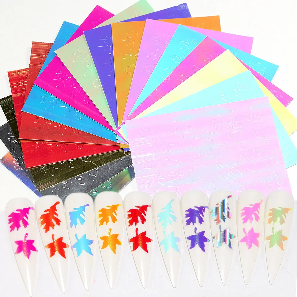 16 шт., самоклеющиеся, сделай сам, кленовый лист, голографический, ультра тонкий, для переноса воды, модная, для салона, маникюрная наклейка для ногтей, аксессуары из фольги