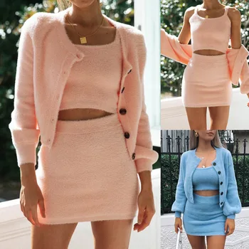 

Autumn Sexy Slim Slim Three-piece Suit Ladies Elegant Round Neck Camisole Top Long Sleeve Cardigan And Mini Skirts 3 Piece Sets