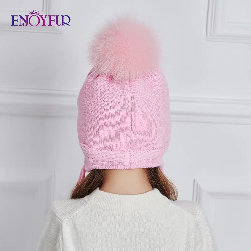 ENJOYFUR Rhinestones Bow-Knot Children Winter Hats Real Fox Fur Pompom Knitted Hat Girl Beautiful Pink Girls Beanies Autumn Caps
