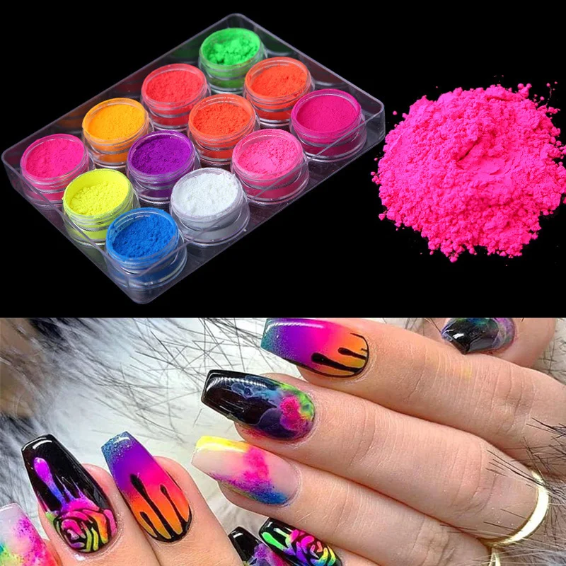 12 pcs Neon Fluorenscence Nail Powder Blue Red Colorful Glitters Set iridescent Flakes Art Sequins Decor | Красота и здоровье