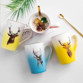 

Creative Coffee Mugs lovely Cartoon Animal Teacup Porcelain Cup With Spoon Gradient Color Mug juice Milk Breakfast cup Nice Gift