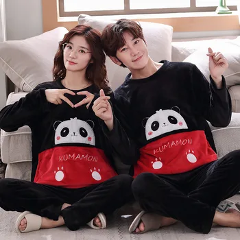 

2020 new fashion women's clothing Winter coral fleece couple pajamas women warm thick cute men's cartoon Korean flannel home