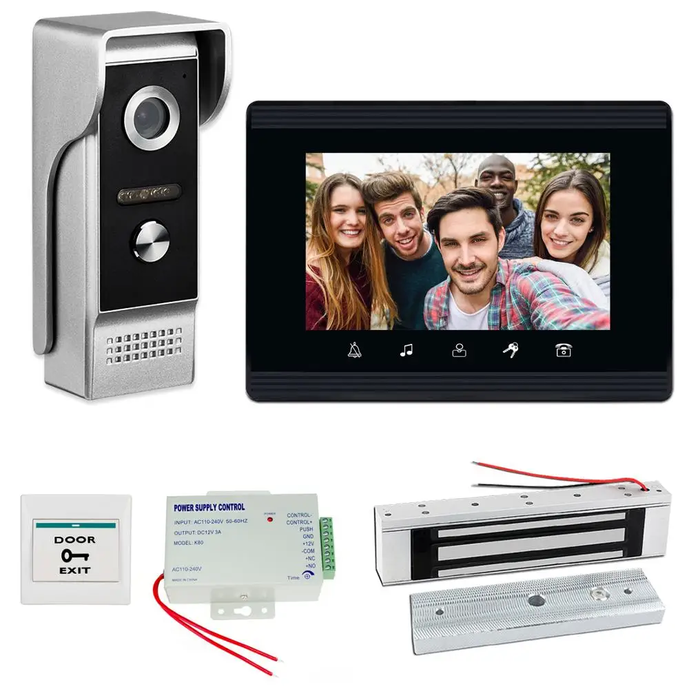 

Видеодомофон 7 дюймов, система видеодомофона, дверной звонок, набор с электрическим замком, блоком питания и кнопкой, разблокировка входной двери