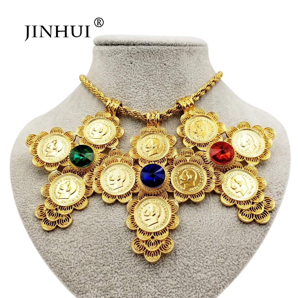 Dubai New Fashion Jewelry Gold Color Chain Length 50cm Pendant Custom Necklace Women Men 1913 Head Portrait Coin Blue Red Stone Pendants Aliexpress