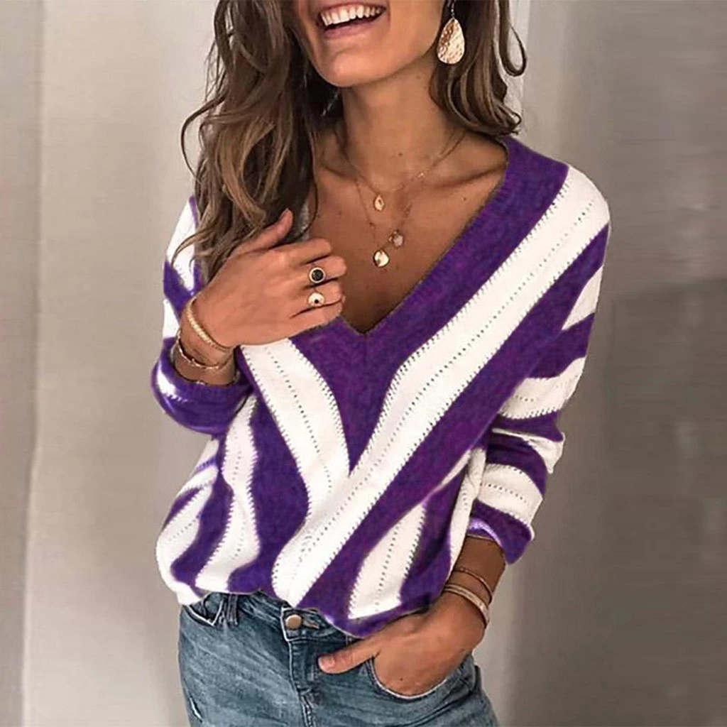 JAYCOSIA Striped Print V-neck Knitted Sweater Women Plus Size Tops Pullover Warm Autumn Winter Loose Sweaters Jumper 1016