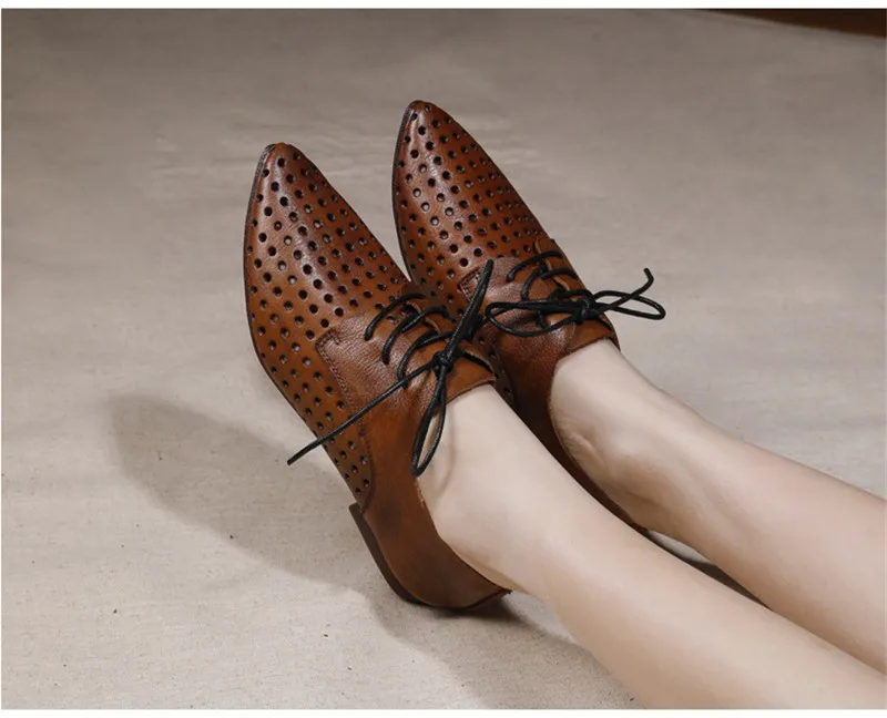 Spring Summer 2020 New Lace-Up Hole Women Flat Oxfords Shoes Vintage Genuine Leather Casual Cut-Outs Single Ladies Shoes Flats  (12)
