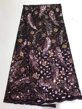 

2019 New African Velvet Lace Fabric With Sequins soft velveteen material purple Velvet Lace for wedding dress 5yards per piece