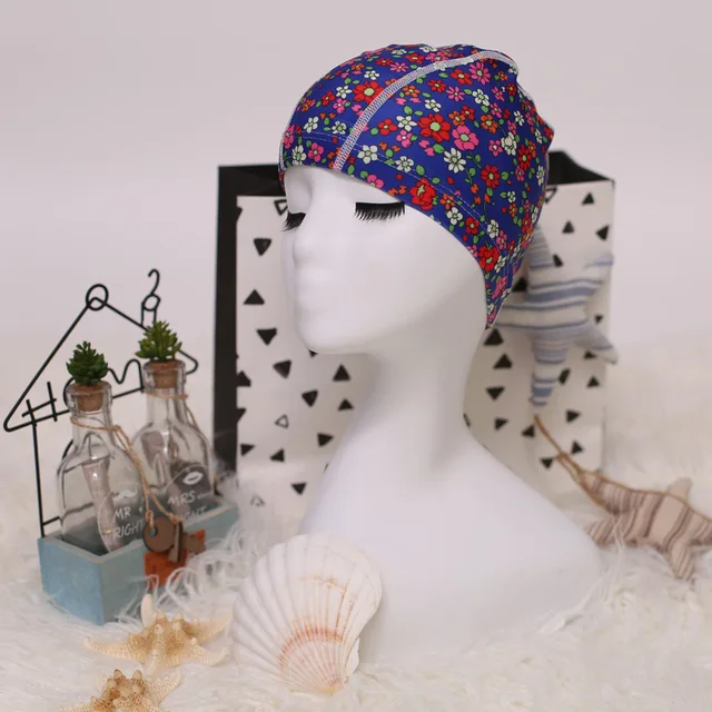 Flower Print Fabric Swimming Cap Swiming Pool Protect Long Hair Ears Hat Swim Bathing Hats Caps for Women Men Adults Ladies Hat 01