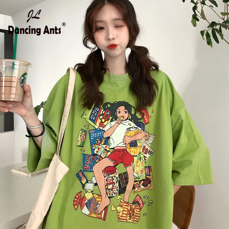 

Woman T-Shirt O-Neck Short Sleeve Harajuku Korea Style Plus Size Tops 2020 Summer Female Fashion Casual Cartoon Print Cotton Tee