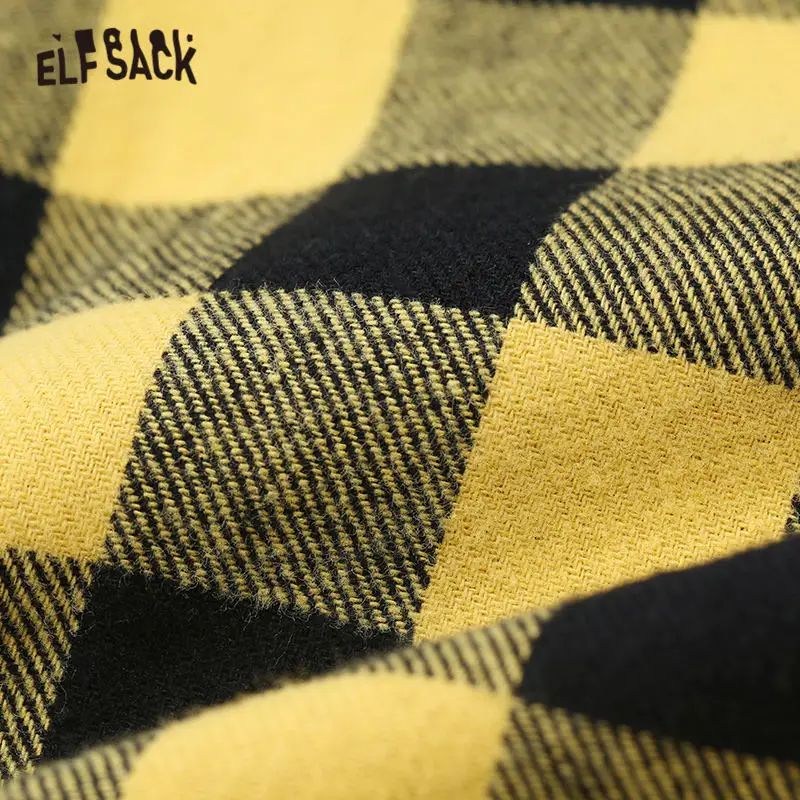 ELFSACK, желтая Клетчатая блуза с буквенным принтом, женская рубашка, зима, однобортная, с аппликацией, для офиса, для девушек, повседневные, базовые блузки