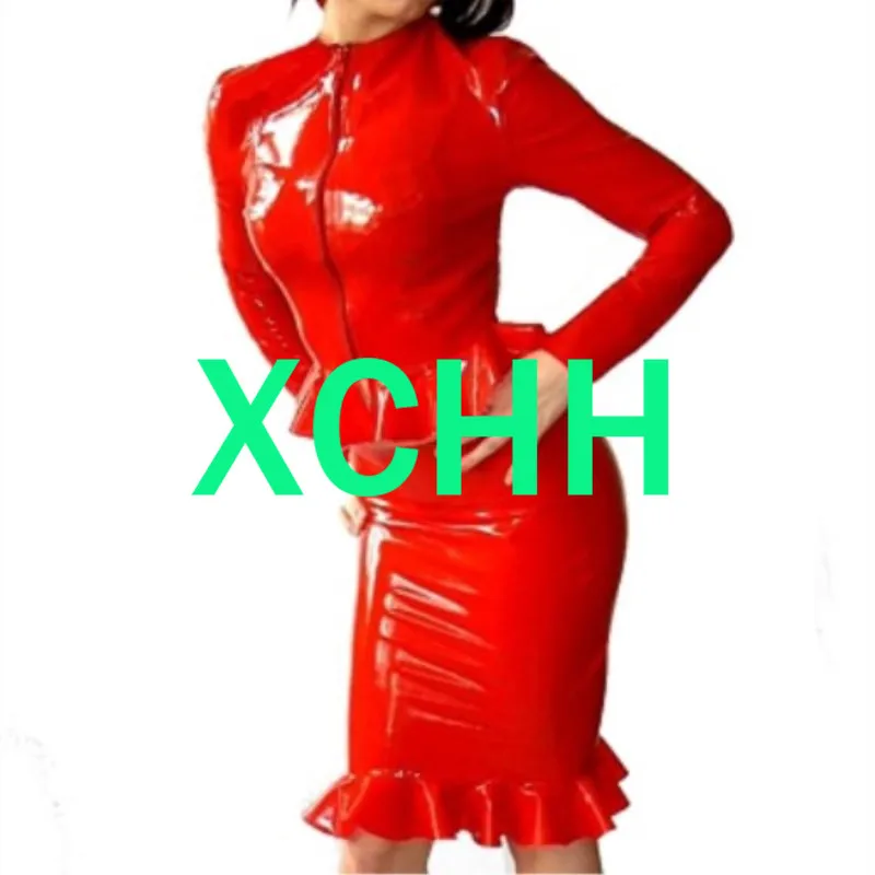 

Latex Natural 100% Rubber Sexy Woman Dress Red Ruffle Suit Tops and Mini Dress Unisex Cosplay Bodysuit Customize Size XXS-XXL