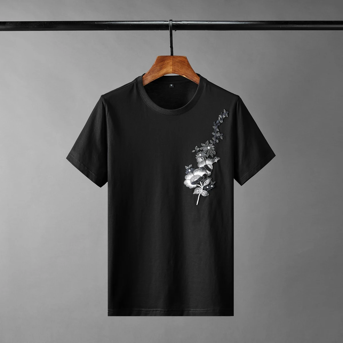 Minglu Modal Cotton Mens T shirts Luxury Flower Embroidery Round Collar