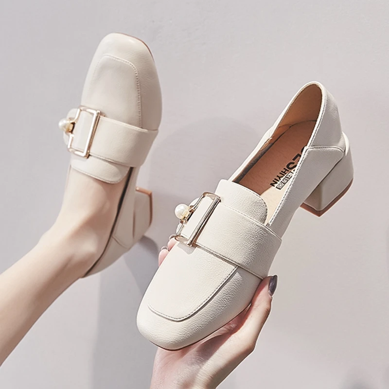 Zapatos tacón medio para mujer, mocasines elegantes con hebilla de Metal, a la moda, con cómodos sin cordones, para oficina|Zapatos de tacón de - AliExpress