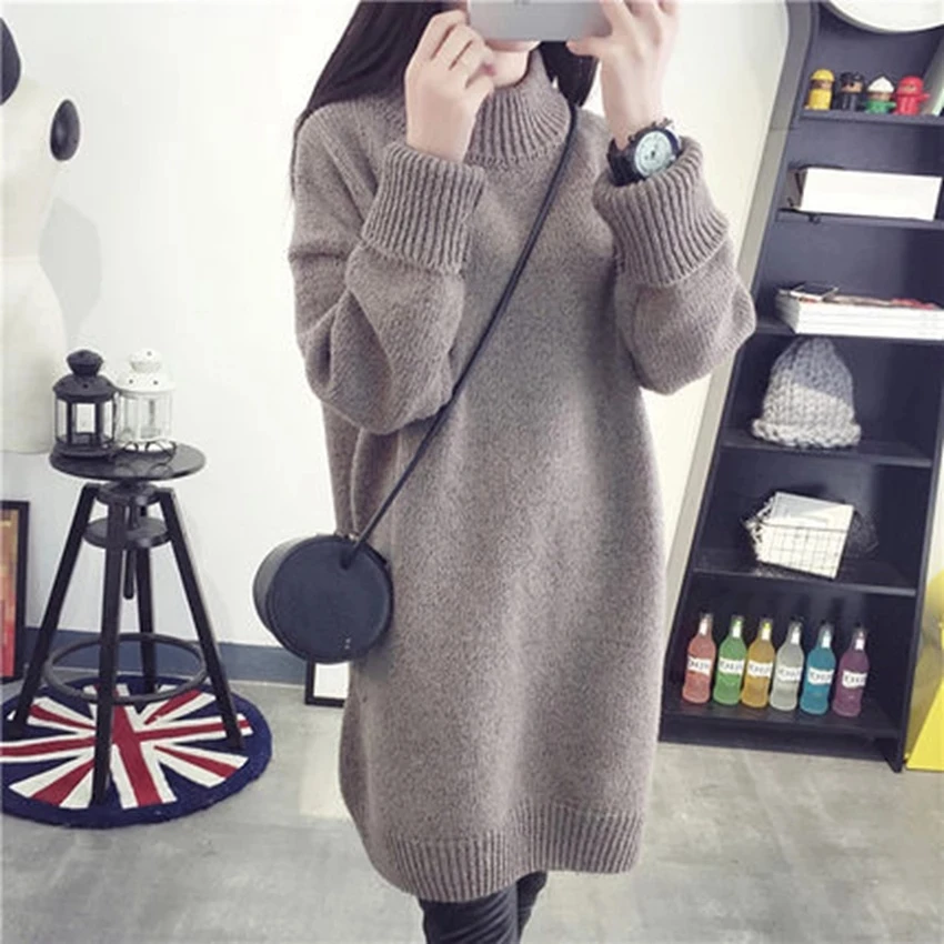 YOOAP Autumn and winter long maternity dress high collar solid color thickening hood loose large sweater pregnant women dress